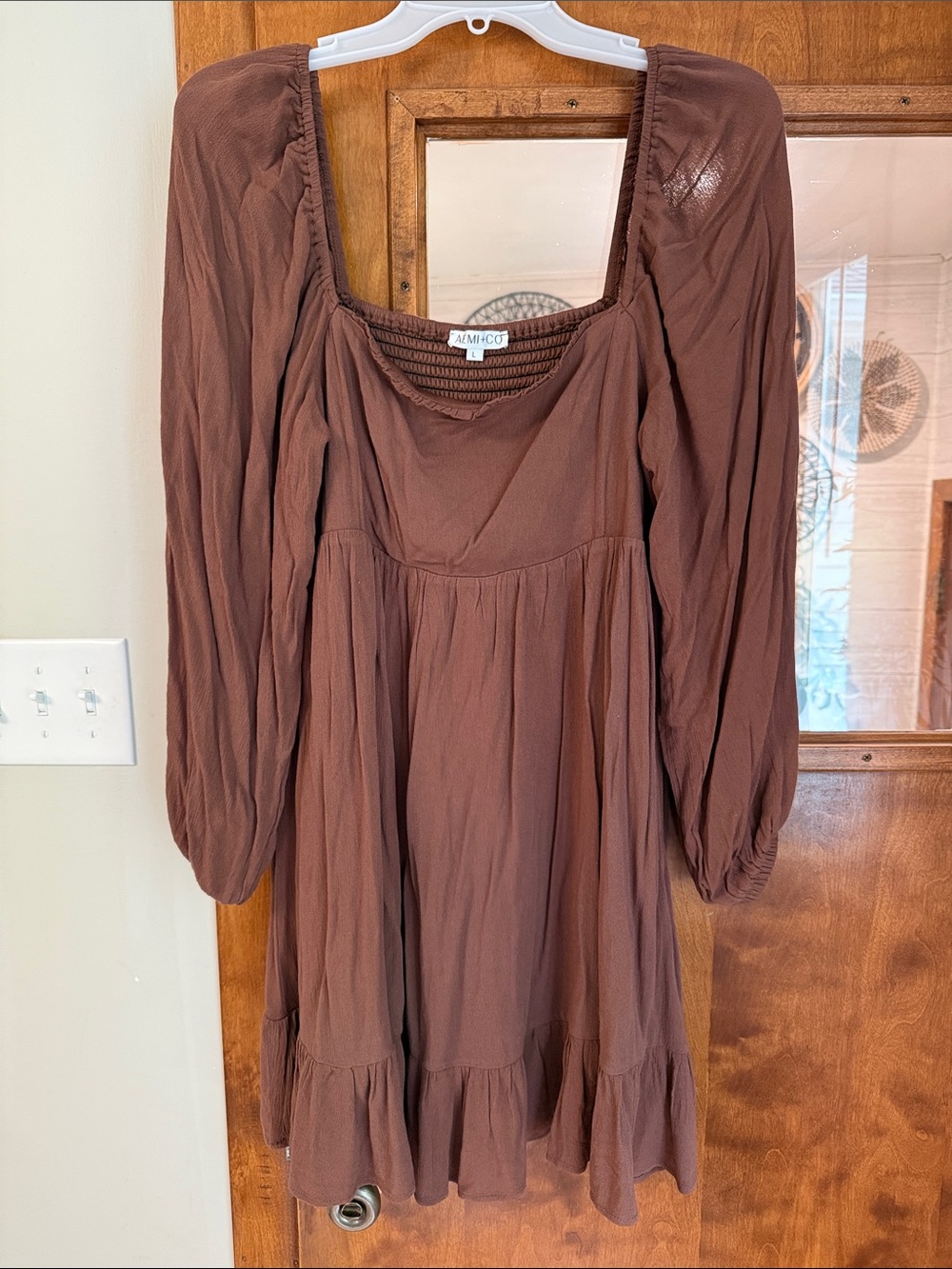 AEMI.CO Brown Square-Neck Tiered Mini Dress